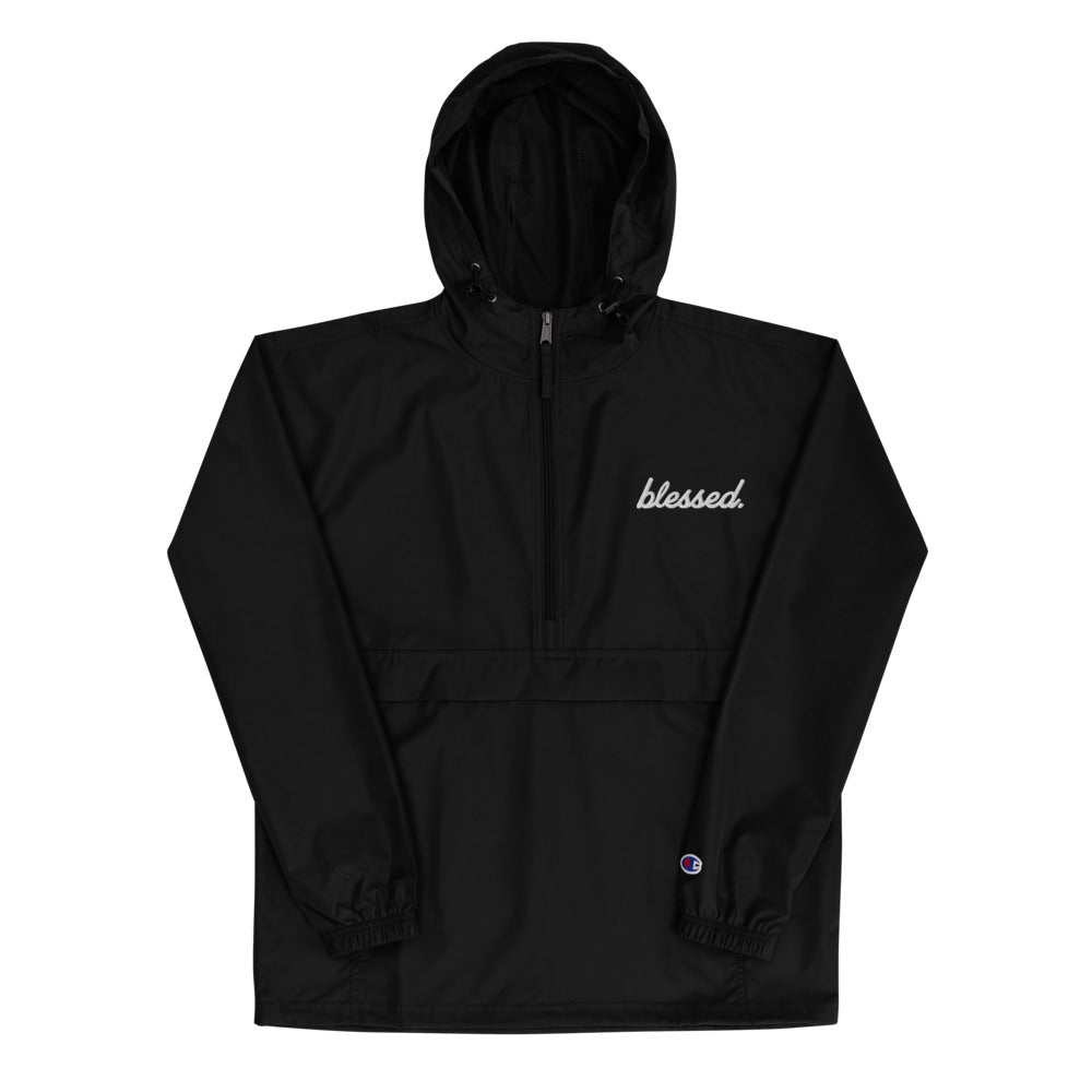 Black Cursive Blessed Embroidered Champion Packable Jacket