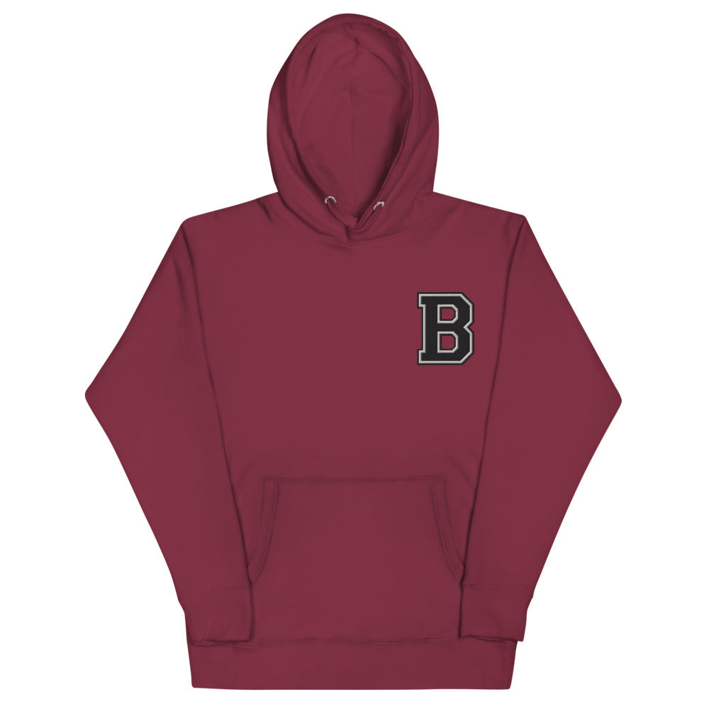 MAROON EMBROIDERED VARSITY LETTERMAN B HOODIE